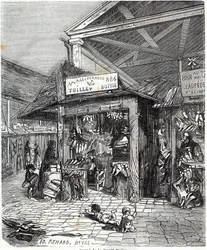 Paris 3rd arrondissement - Carre de la Foret-Noire: sale of leather and shoes in Le Carreau du Temple in the 19th century - Engraving in 