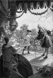 King Louis XV showing himself on the balcony of the Tuileries (1721). (engraving of the 19th century)