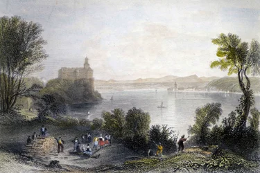 Persenberg Castle in Germany. In the foreground, the woodworkers at work. Engraving of the 19th century