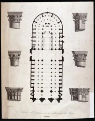 Plan and capitals of the Notre Dame Cathedral in Paris. 19th century