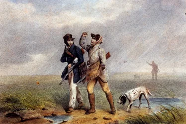 Pleasable hunting game two hunters talking. Lithograph of the 19th century Gien, hunting museum