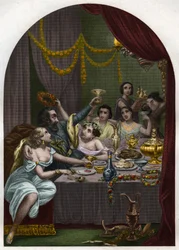 Pope Alexander VI (1431-1503) celebrates the marriage of his daughter Lucrece Borgia with 50 courtesans in the Vatican. Engraving from 1842 in 