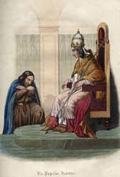 Pope Joan, who reigned between 855 and 858, wearing papal vestments. Engraving from 1842 in 