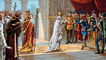 Pope Stephen II implores the help of Pepin the Short against the Lombards in 754 in Ponthion Palace