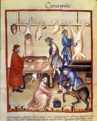 Pork production. The pig is slaughtered and the butchers cut the pieces. Illumination from the milking of medicine and dietetics 