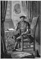 Portrait of Edward VI (1537-1553) - Portrait of King Edward VI of England and Ireland (1537-1553) writing his diary - Engraving in 