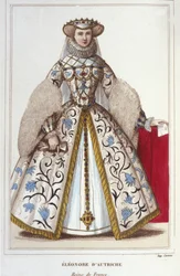 Portrait of Eleonore of Habsburg (or Austria) (1498-1558). Archduchess of Austria, Queen of Portugal then Queen of France, second wife of Francois I. Engraving of 1830