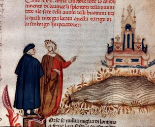 Portrait of Italian poet Dante Alighieri with Virgil looking at the throne of Henry VII (song 20 from Paradise, in the Divine Comedy)