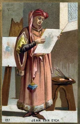 Portrait of Jan Van Eyck (1390 -1441) Flemish painter - headdress of a liripipion. Chromolithography of the 19th century