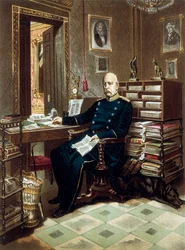 Portrait of Prince Otto von Bismarck, Chancellor and Prussian politician, in his office. Lithograph in colour