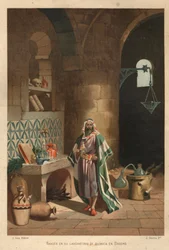 Portrait of Rhases (Rhazes, Razi, Al-Razi, Razis, or Rases) (840-923) Persian scientist in his laboratory in Baghdad. Barcelona 1881