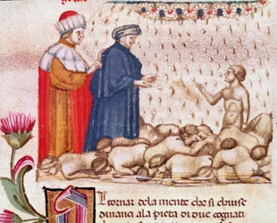 Portrait of Italian poet Dante Alighieri in the circle of the gluttony (song 6 from Hell, in the Divine Comedy) - Miniature 15th century