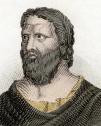 Portrait of the Greek philosopher Heraclitus of Ephesus. Engraving of the 19th century