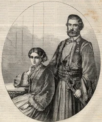 Portrait of the Prince of Serbia Michael III and Princess Julie. Engraving in 