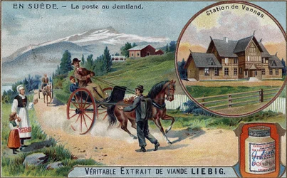 Post and postman in Jemtland, Sweden. Chromolithography, Liebig image.