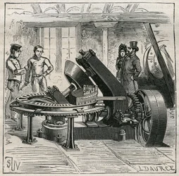 Pottery: Fleury machine used for the mechanical molding of bricks. Engraving from 1885 in 