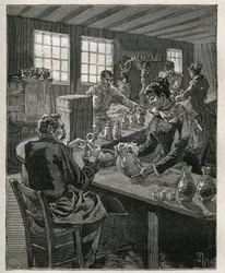 Pottery: filling pottery. Engraving from 1885 in 