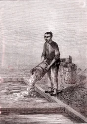Pouring Lime into the Basin, Paper Manufacturing in China (3rd century BC) (engraving)