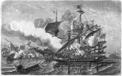 Pregent attacked the English fleet, commanded by Admiral Edouard Howart, April 1513 (19th century engraving)
