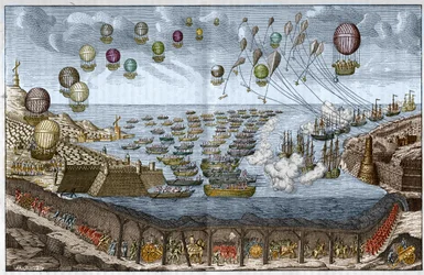 Project of Attack Against England in 1803 by Napoleon I - French Troops Walk Through the Channel Tunnel While Ships and Balloons Attack by Sea and Air - Engraving of 1803