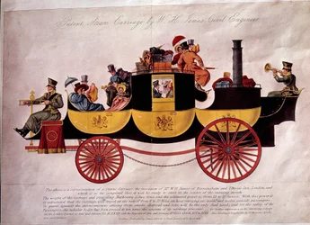 Public transport: representation of a steamship laden with passengers and luggage. It was designed by engineer W.H. James. Lithograph of 1828. Decorative Arts, Paris
