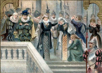 Queen of Scotland Marie Stuart (1542-1587) said her final farewell to the ladies of court (late 19th century chromolithography)