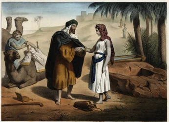 Rebecca and Eliezer at the well: Eliezer of Damascus, charged with finding a wife for Isaac in Mesopotamia, brings Rebecca back. Anonymous engraving of the 19th century