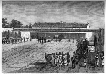 Reception of the French Plenipotentiary in Hue by the King of Annam. Engraving in Le Journal de la Jeunesse