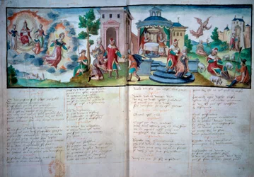 Religious Theatre: Passion and Resurrection played in Valenciennes in 1547. Manuscript page with watercolor