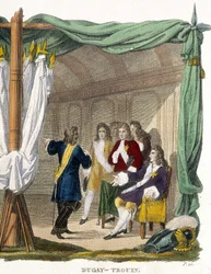 Rene Duguay Trouin (Duguay-Trouin) (Rene Trouin du Gue dit) (1673-1736) before King Louis XIV (1638-1715). Engraving of the 19th century