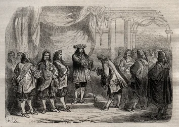 Rene Duguay Trouin (1673-1736) receiving the cross of Saint-Louis from the hands of King Louis XIV - engraving in 