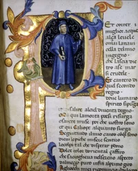 Representation in a lettrine of the poet Dante Alighieri, miniature 14th century