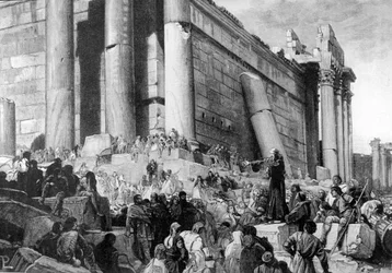 Representation of Arnaud de Brescia (1090 - 1155), Italian political and religious reformer, during the preaching. In 1145, he preached in Rome the revolt against Pope Eugene III, who was expelled and sought to restore the Roman Republic.