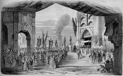 Representation of Don Carlo (Don Carlos) Opera in 5 acts by Giuseppe Verdi at the Paris Opera on 11 March 1867. The car da fe, 3rd act, decor of Cambon and Thierry. Engraving from 1867.