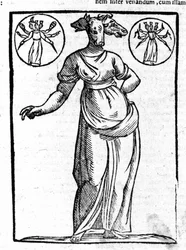 Representation of Hecate, Greek evil deity, who was erected at the crossroads, usually had three heads. Engraving of the 17th century.