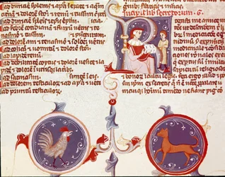 Representation of a Rooster and a Cat, on Top Two Characters, Probably the Translator Presenting His Work to the Doctor (Miniature)