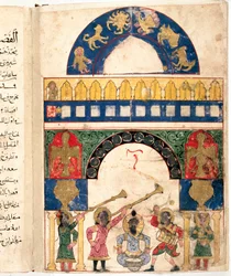 Representation of a Water Clepsydra (Clock) Designed by Turkish Engineer Ibn al-Rajjaj al-Jazari and a Calendar. It Distinguishes the Circle of the Zodiac, the Sun, the Moon