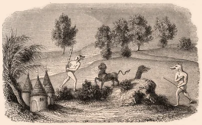 Representation of medieval tribes and animal species: two Cynocephalus fighting monsters