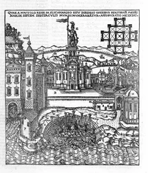 Representation of the Seven Wonders of Antiquity: the Mausoleum of Halicarnassus which was located on the Aegean Sea in southwestern Turkey. Engraving in “De Architectura” by Vitruvius (1st century BC) - edition by Gottardo da Ponte, Como