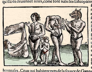 Representation of the monsters described by Amerigo Vespucci (1451-1512): from left to right: a manopod, a cyclops, a man with two heads, a man without a head and a man with a dog