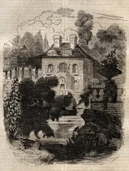 Residence of Rousseau on the island of Saint-Pierre, Bern - Switzerland - Illustration for the Confessions by Jean-Jacques Rousseau - engraving of 1849