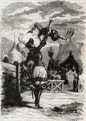 Revenge of Marphise (Marfisa) - engraving of 1851 from “Furious Roland” (Orlando furioso) (16th century) by Ludovico Ariosto, known as the Ariosta - Edition translated from Italian by the Count of Tressan and published by Gustave Harvard 1851