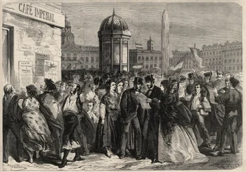 Revolution of September 1868 in Spain (Gloriosa): reading the manifesto of the junta, in the street of Alcala in Madrid. Engraving in 