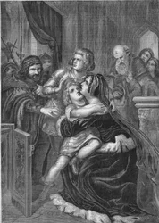 Richard III, King of England, abducting the children of his brother Edward IV (1452-1485) from their mother (engraving from 1860 based on Stilke