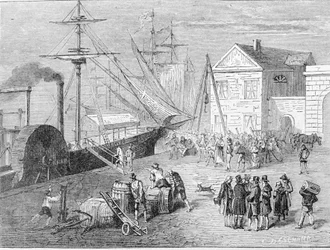 Robert Fulton (1765 - 1815), American builder embarked on the Clermont, a boat he built in 1807 to provide the New York - Albany connection on the Hudson River. Engraving of the 19th century.