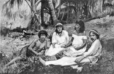 Robert Louis Stevenson (1850 - 1894) with his wife in Samoa where he had his residence published in Vailima. Engraving around 1890-1895.