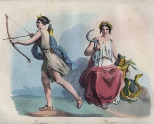 Roman mythology - Diana, the goddess of the hunt, and Ceres, goddess of agriculture - engraving from "Usi e Costumi di Tutti i Popoli dell