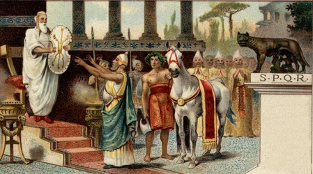 Roman political system. The king: Numa Pompilius, legendary king of Rome, entrusting the sacred shield to the Salians priests. Chromolithography of the late 19th century.