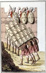 Roman soldiers (Roman legion) maneuvering and defending themselves with their shields