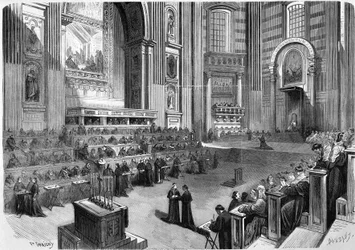 Rome 1869, first meeting of the ecumenical Council of 1869 held on 9 December in the right part of the transept of the Church of St. Peter